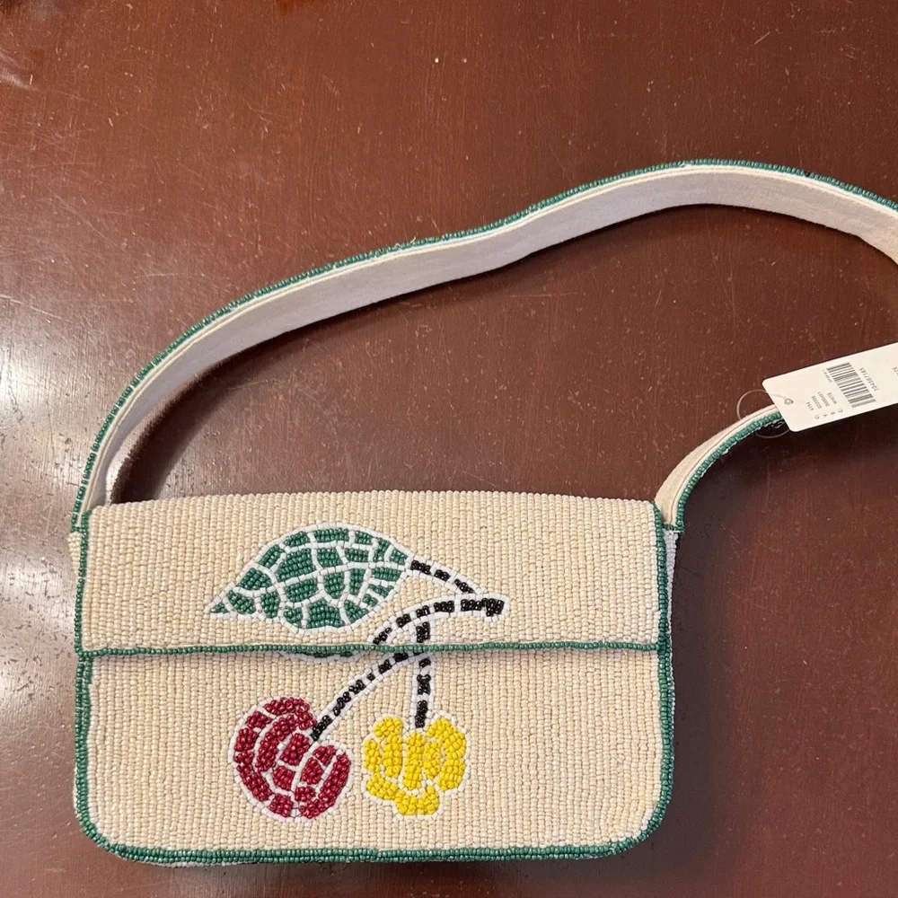 Beaded Cherry Crossbody Bag in Cream with Green Trim